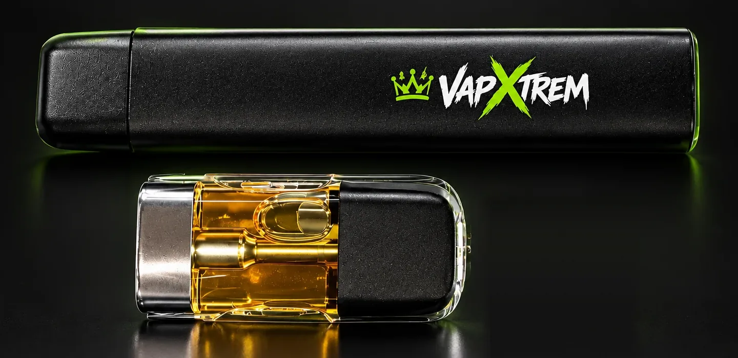 Batterie VapXtrem noire mate et pod transparent au liquide ambré, base métallique et embout noir