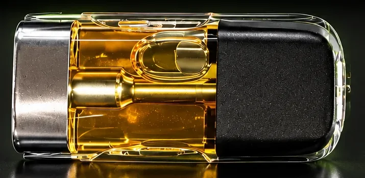Pod VapXtrem seul : corps transparent, liquide ambré, base métallique, embout noir