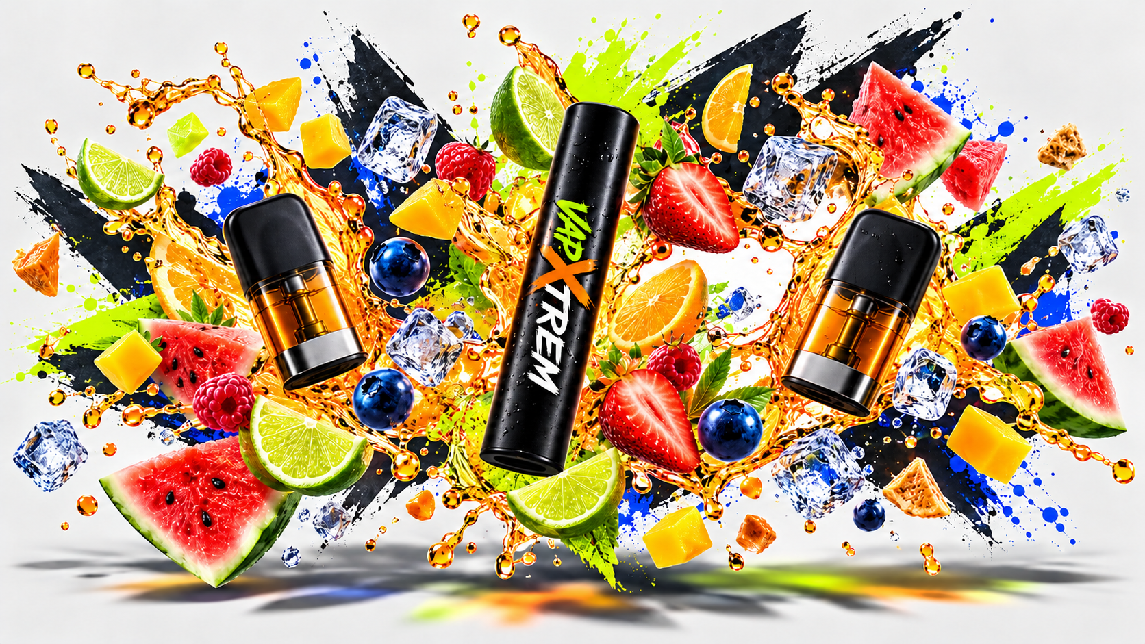 Visuel vapxtrem : vape noire, fruits et éclaboussures colorées